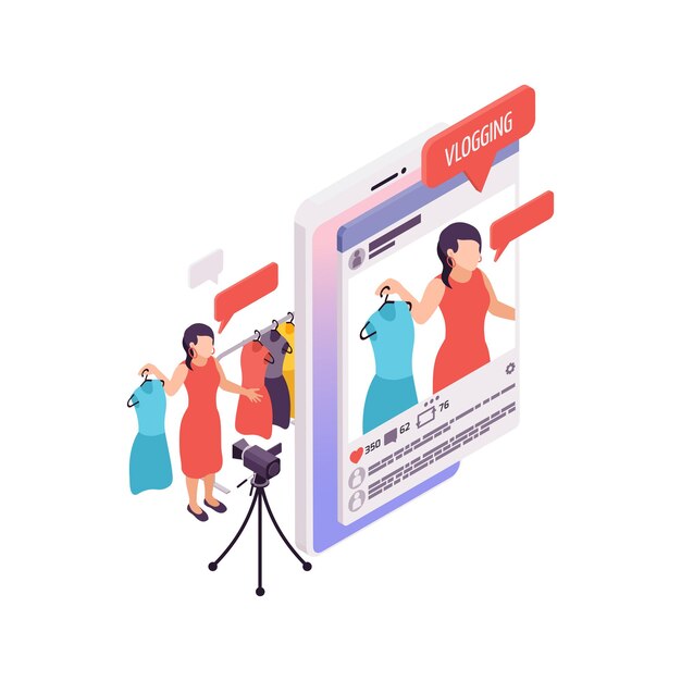 Vlogging isometric concept with woman making fashion video 3d illustration
