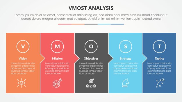 vmost analysis template infographic concept for slide presentation with big box fullpage small arrow direction with 5 point list with flat style vector