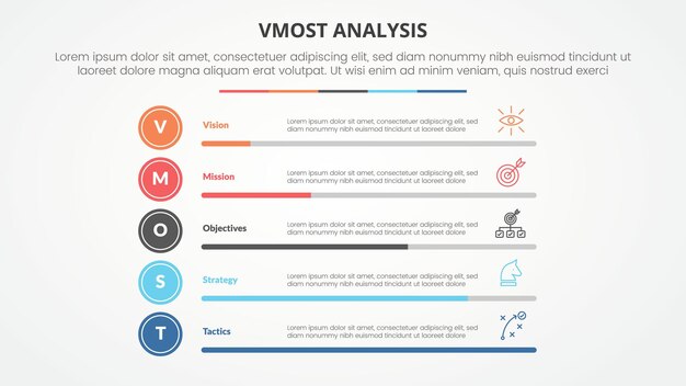 vmost analysis template infographic concept for slide presentation with percentage bar progress stack with 5 point list with flat style vector