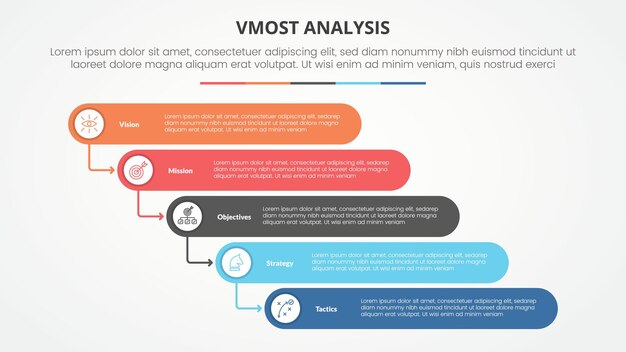 vmost analysis template infographic concept for slide presentation with round rectangle stack waterfall style with 5 point list with flat style vector