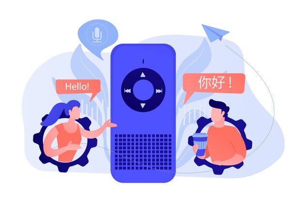 外国語に翻訳する音声アシスタント。音声起動デジタルアシスタント、スマートスピーカー言語サポート、モノのインターネットのコンセプト。ベクトル分離イラスト。