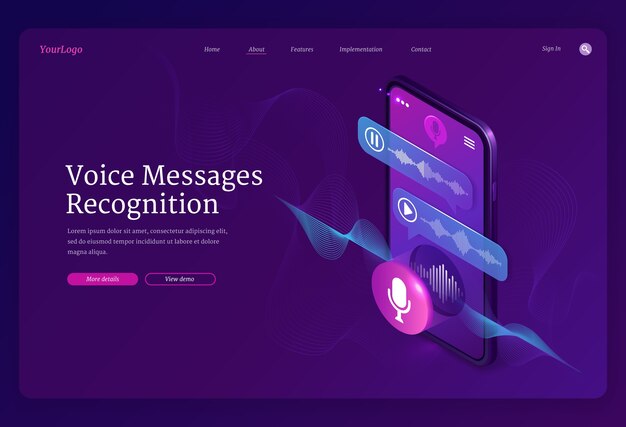 音声メッセージ認識バナー。音声を録音し、メッセージやスピーチを口述するためのモバイルアプリケーション。ボイスチャットとマイクを備えたスマートフォンの等角図を含むランディングページ