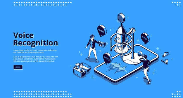 Voice recognition banner. AI technologies for recording sound, dictate messages and speech. landing page with isometric illustration of microphone, smartphone with soundwaves and people