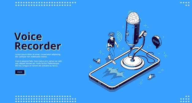 Free vector voice recorder banner. mobile technologies for recording sound, dictate messages and speech. vector landing page of dictaphone with isometric illustration of microphone, smartphone and woman