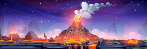 Vettore gratuito eruzione vulcanica di notte paesaggio roccioso cartone animato vettoriale illustrazione di lava calda e nuvola di vapore che scorre dal cratere di montagna fessurato deserto preistorico sfondo naturale pianeta alieno