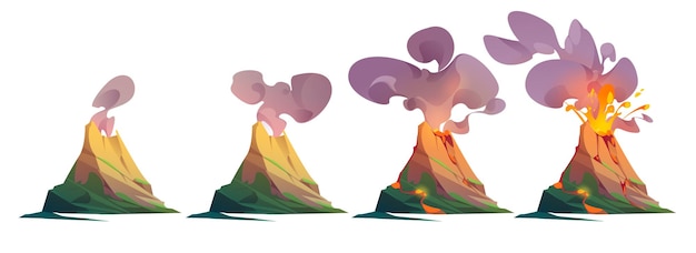 Vettore gratuito animazione vettoriale del fumetto del vulcano con fumo di lava cratere magmatico e isola di montagna illustrazione paesaggio isolato foglio sprite dell'app videogioco di eruzione vulcanica e clipart infografica che esplode