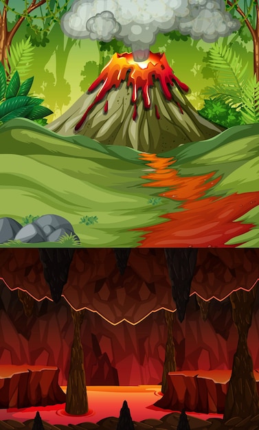 Volcano eruption in forest scene and infernal cave with lava scene