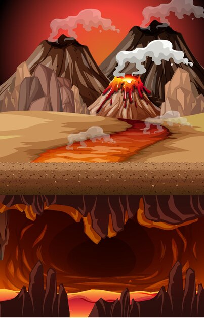 火山のシームレスなゲームの背景 漫画スタイルの石先史時代の屋外風景とロッキーグラウンド プレミアムベクター