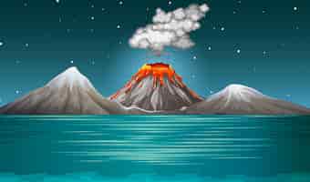 Бесплатное векторное изображение Извержение вулкана в природе ночью