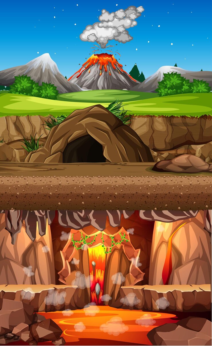 Free Vector volcano eruption in nature forest scene at daytime and cave scene and infernal cave scene