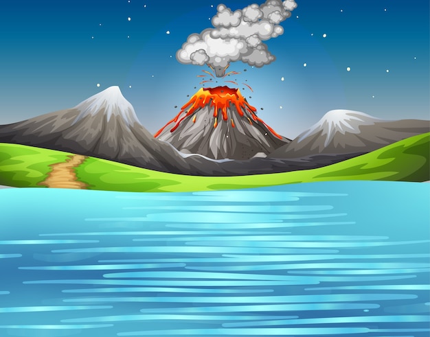 Free vector volcano eruption in nature forest scene at daytime