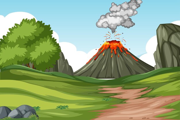 Volcano eruption in nature forest scene at daytime