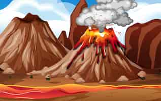 Free vector volcano eruption in nature scene at daytime