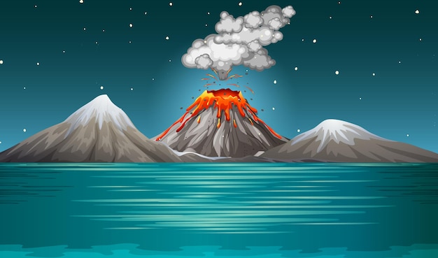 Free vector volcano eruption in nature scene at night