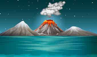 Free vector volcano eruption in nature scene at night