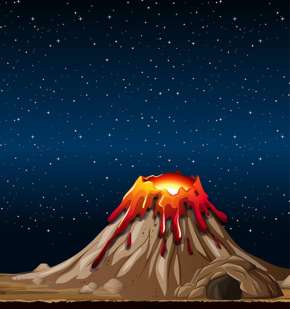夜の自然シーンでの火山噴火
