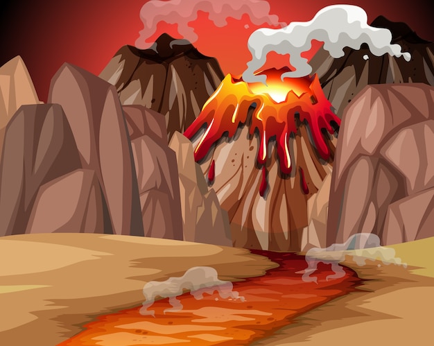 Free vector volcano eruption scene with magma