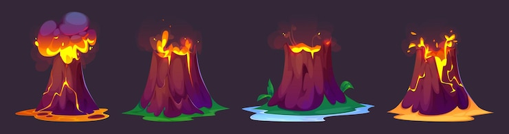 Free Vector volcano eruption with flowing lava and smoke cloud