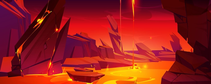 Free Vector volcano lava hell rock cave view fantasy game cartoon background mysterious and dangerous flowing molten hot magma level adventure design ground crack with liquid fire river flow terrain surface