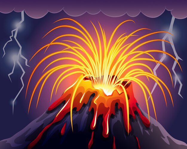 Volcano on thunderstorms night