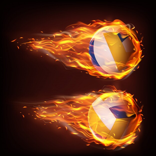 Волейбольные мячи, летящие в огне, падающие в пламени