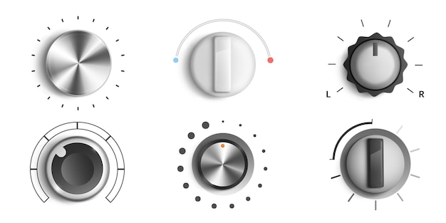 Vettore gratuito manopole del volume, quadrante di regolazione rotondo. livello del regolatore e pulsanti analogici, commutatori audio di musica min max, sintonizzatori rotondi per sistema audio stereo, elementi di design app ui isolati, set vettoriale 3d realistico