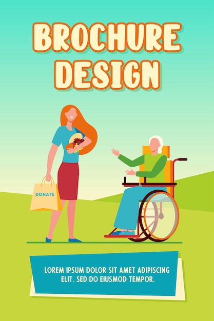 Volunteer bringing food to disabled woman. Donation, wheelchair, handicapped person flat vector illustration