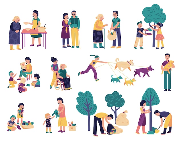 Бесплатное векторное изображение Волонтерский благотворительный социальный набор изолированных икон с человеческими персонажами детей и взрослых, добровольно работающих векторными иллюстрациями
