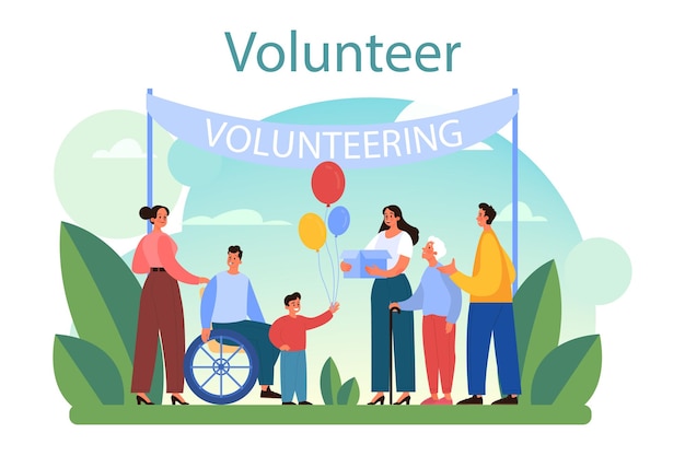 Free vector volunteer concept charity community support old and disabled people make a donation take care of the planet idea of care and humanity vector flat illustration