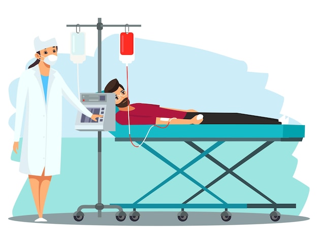 Free vector volunteer and nurse on blood transfusion procedure in laboratory of hospital cartoon male character lying on medical hospital chair to give plasma isolated on white world blood donor day concept