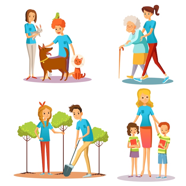 Free vector volunteer people help flat cartoon collection