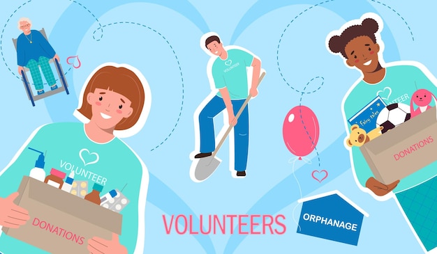 Free vector volunteering flat collage with happy elderly man people collecting donations working in garden vector illustration