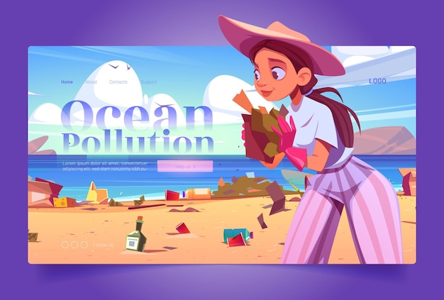 Free vector volunteering website about ocean pollution with woman collects trash on the beach