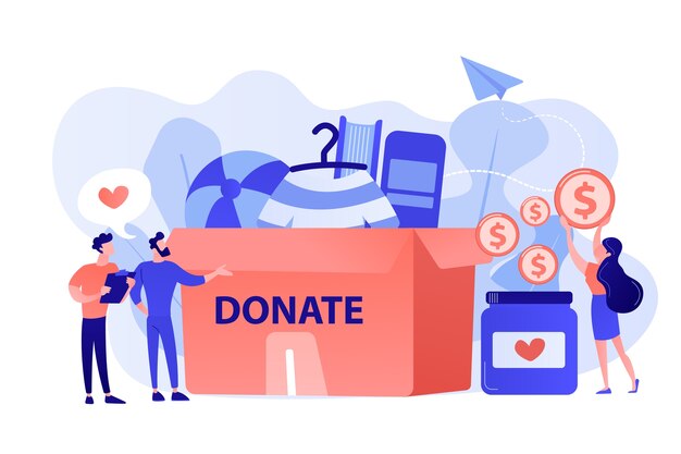 Volunteers collecting goods for charity into huge donation box and donating coins into jar. Donation, charity donation funds, gift in kind concept. Pinkish coral bluevector isolated illustration