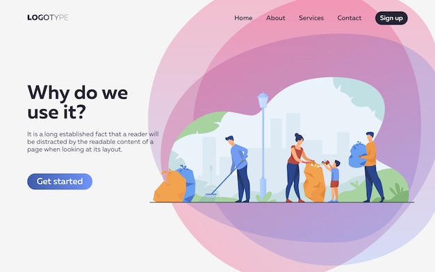 Добровольцы сообщества очистки мусора плоской иллюстрации. Целевая страница или веб-шаблон