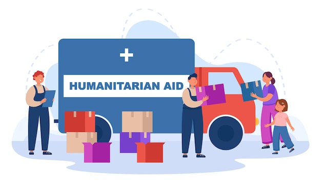 貧しい人々に人道援助の箱を与えるボランティア