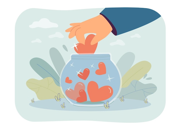 Volunteers hand putting heart in glass donation jar. person giving love gift to poor people flat vector illustration. charity campaign, service concept for banner, website design or landing web page