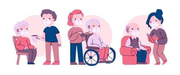 Volunteers helping elderly people illustrated