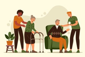 Volunteers helping elderly people illustrated