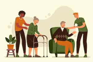 Free vector volunteers helping elderly people illustrated