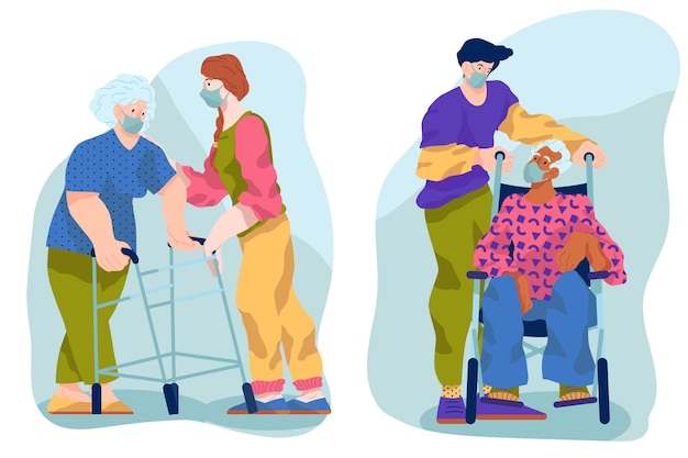 Бесплатное векторное изображение Добровольцы помогают пожилым людям