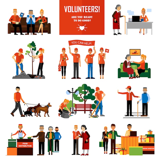 Volunteers people decorative icons set