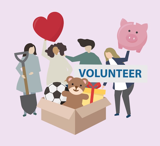 Free vector volunteers with charity icons illustration