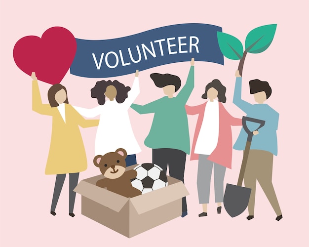 Volunteers with charity icons illustration