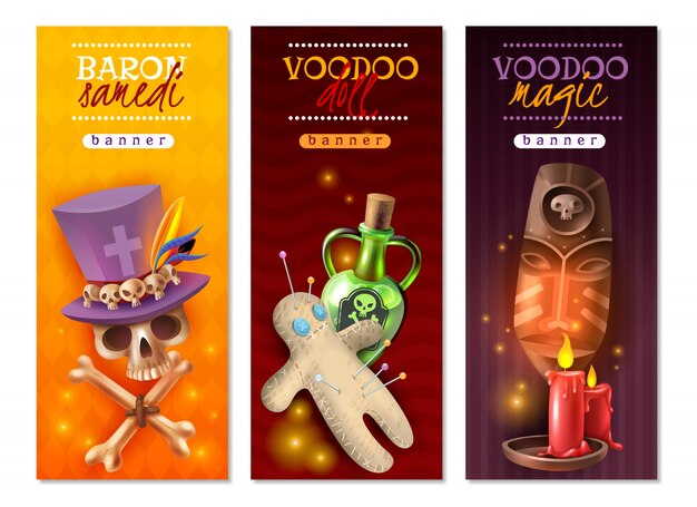 Voodoo religious occult practices with doll colorful pins love hate revenge messages, vertical banners with illustration