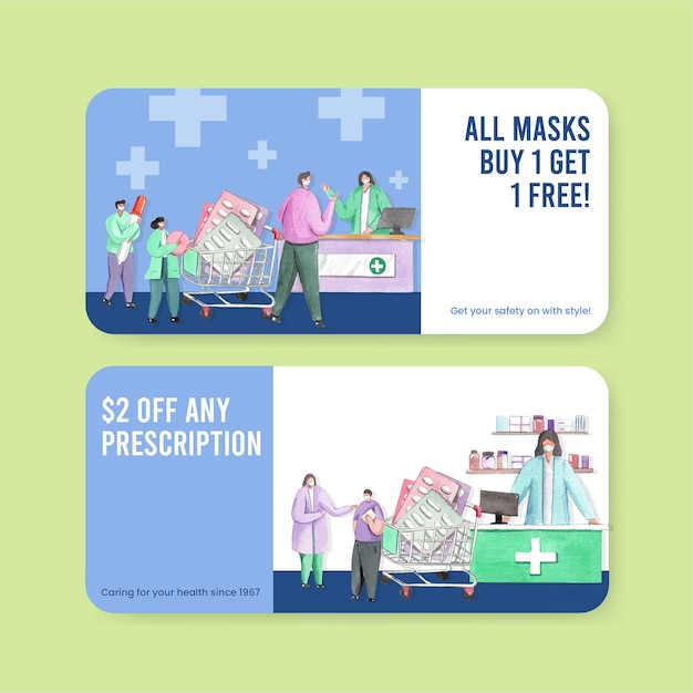Free vector voucher template set with world pharmacists day in watercolor style