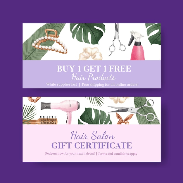 Free vector voucher template with salon hair beauty conceptwatercolor stylexa