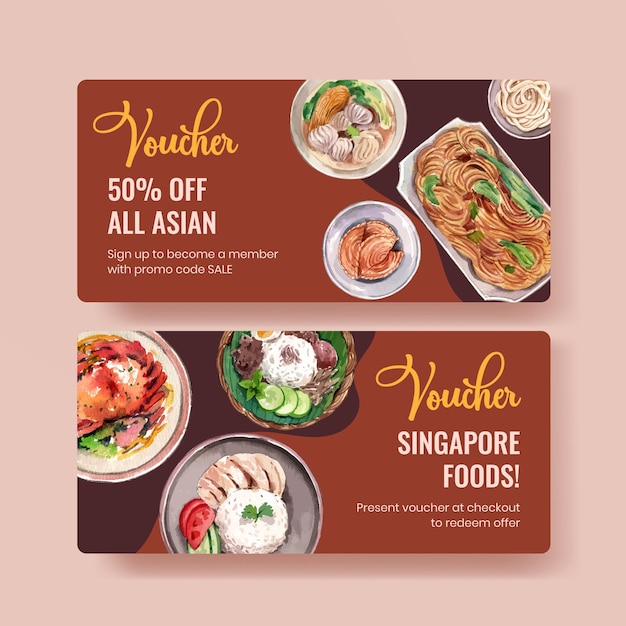 Free vector voucher template with singapore cuisine concept,watercolor style