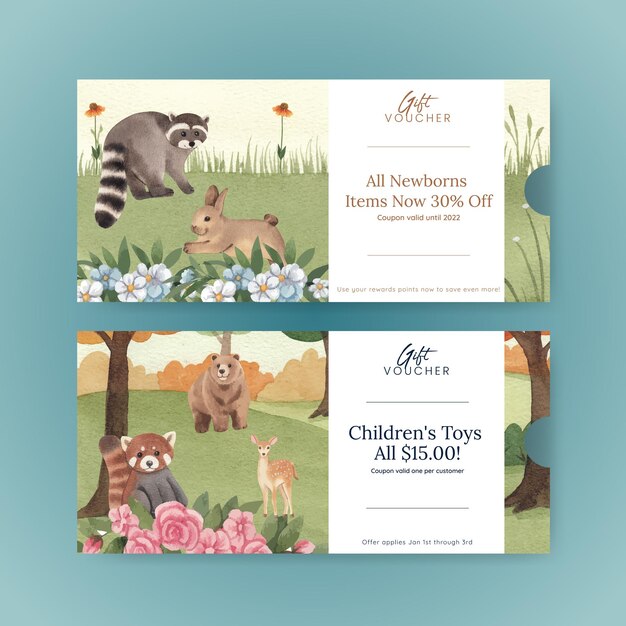 Voucher template with spring woodland wildlife concept,watercolor style