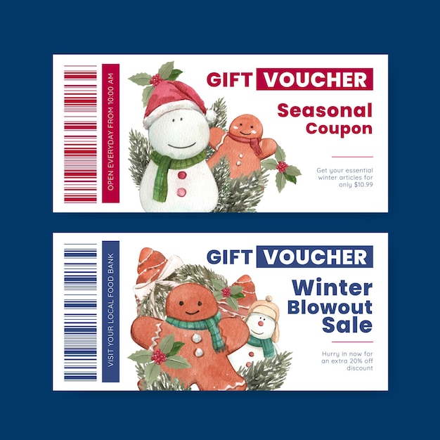 Voucher template with winter hugge in watercolor style